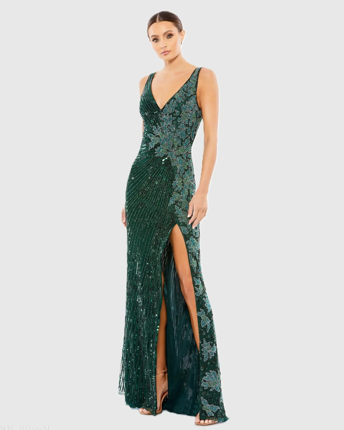 Green Beaded Floral Sleeveless Gown