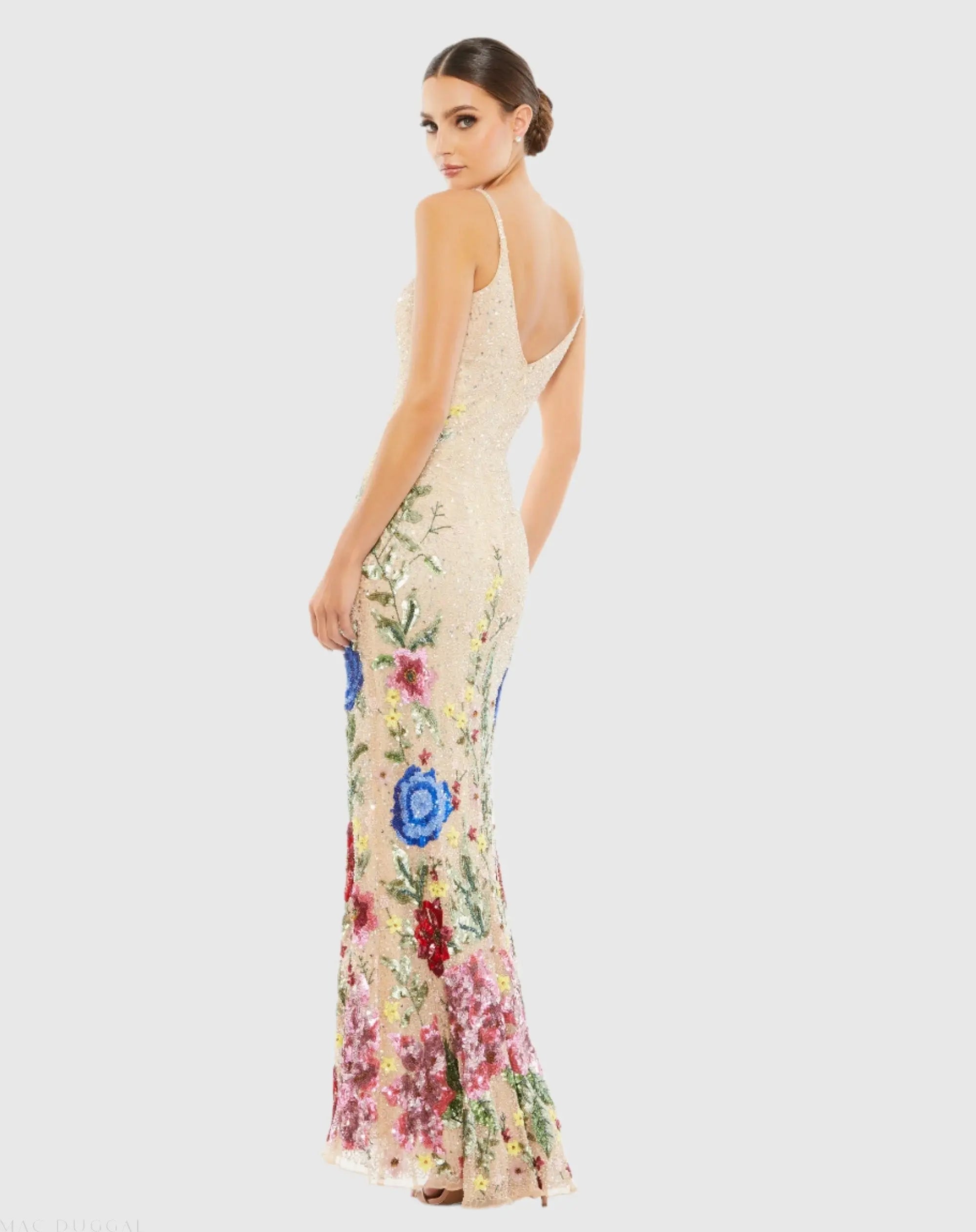 Beige Floral Embellished Spaghetti Strap Gown