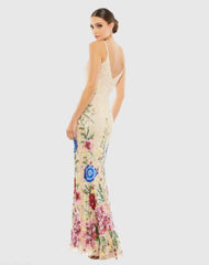 Beige Floral Embellished Spaghetti Strap Gown