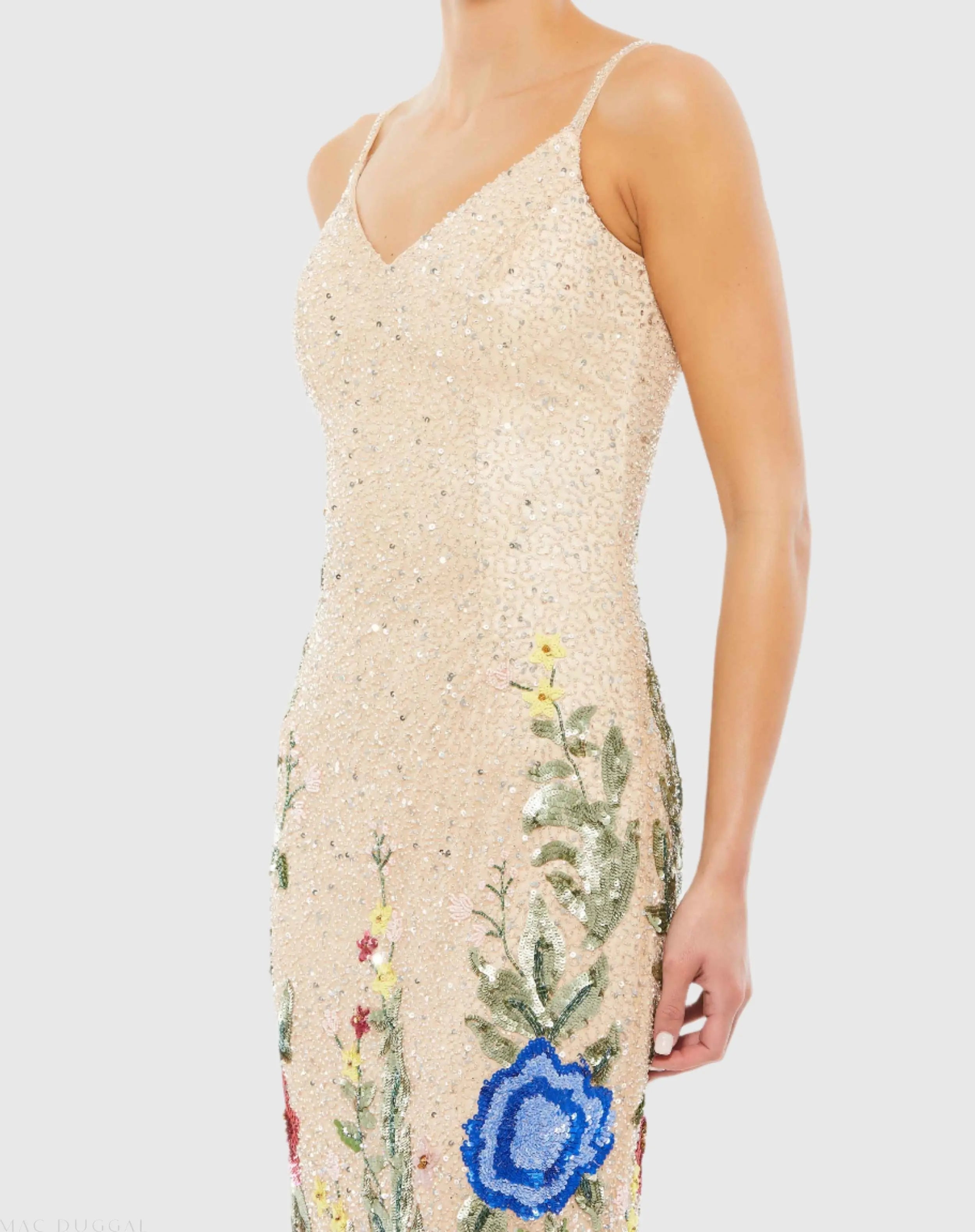 Beige Floral Embellished Spaghetti Strap Gown
