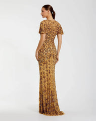 Gold Embellished High Neck Flutter Sleeve Gown