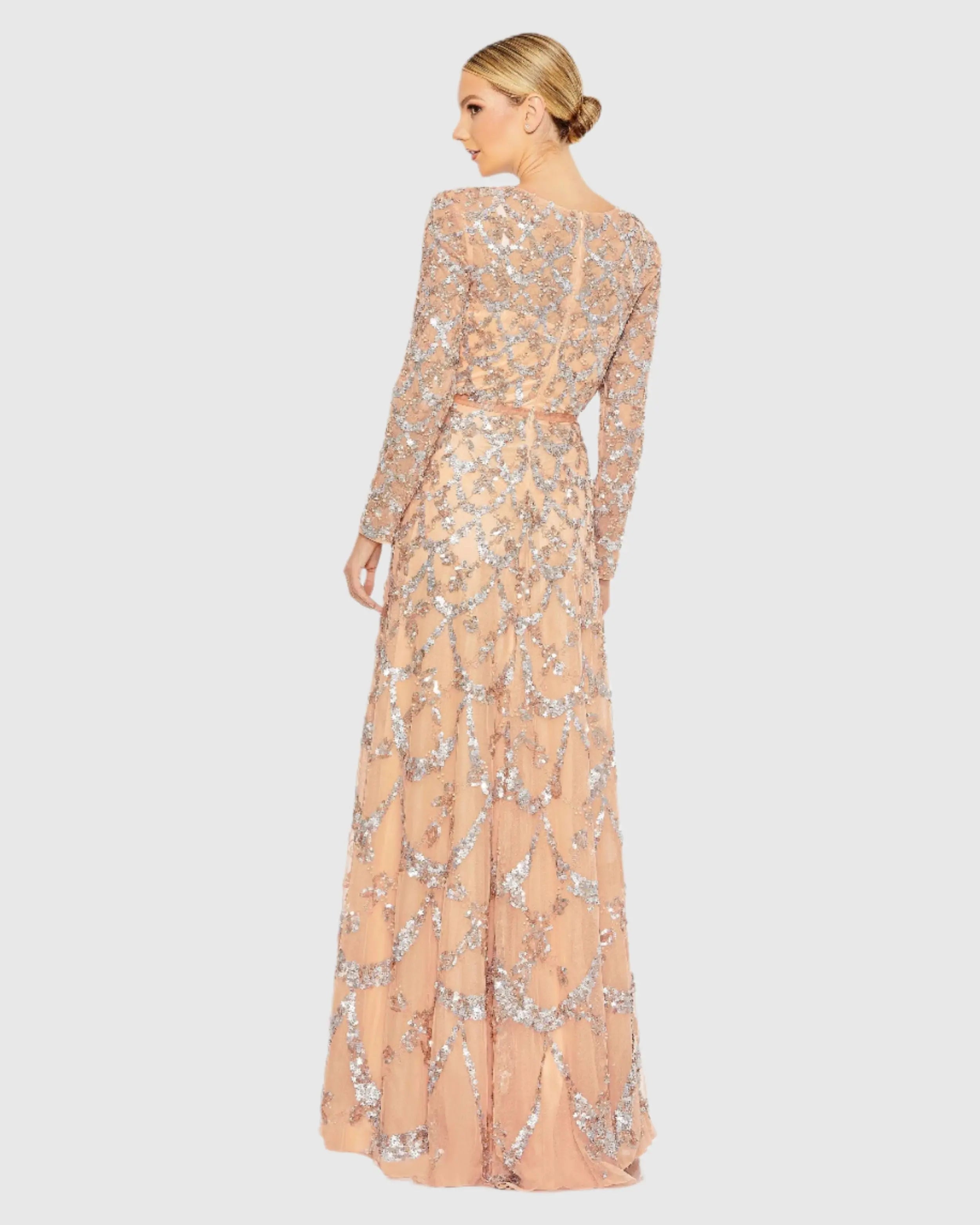 Pink Embellished Illusion High Neck Long Sleeve A Line Gown