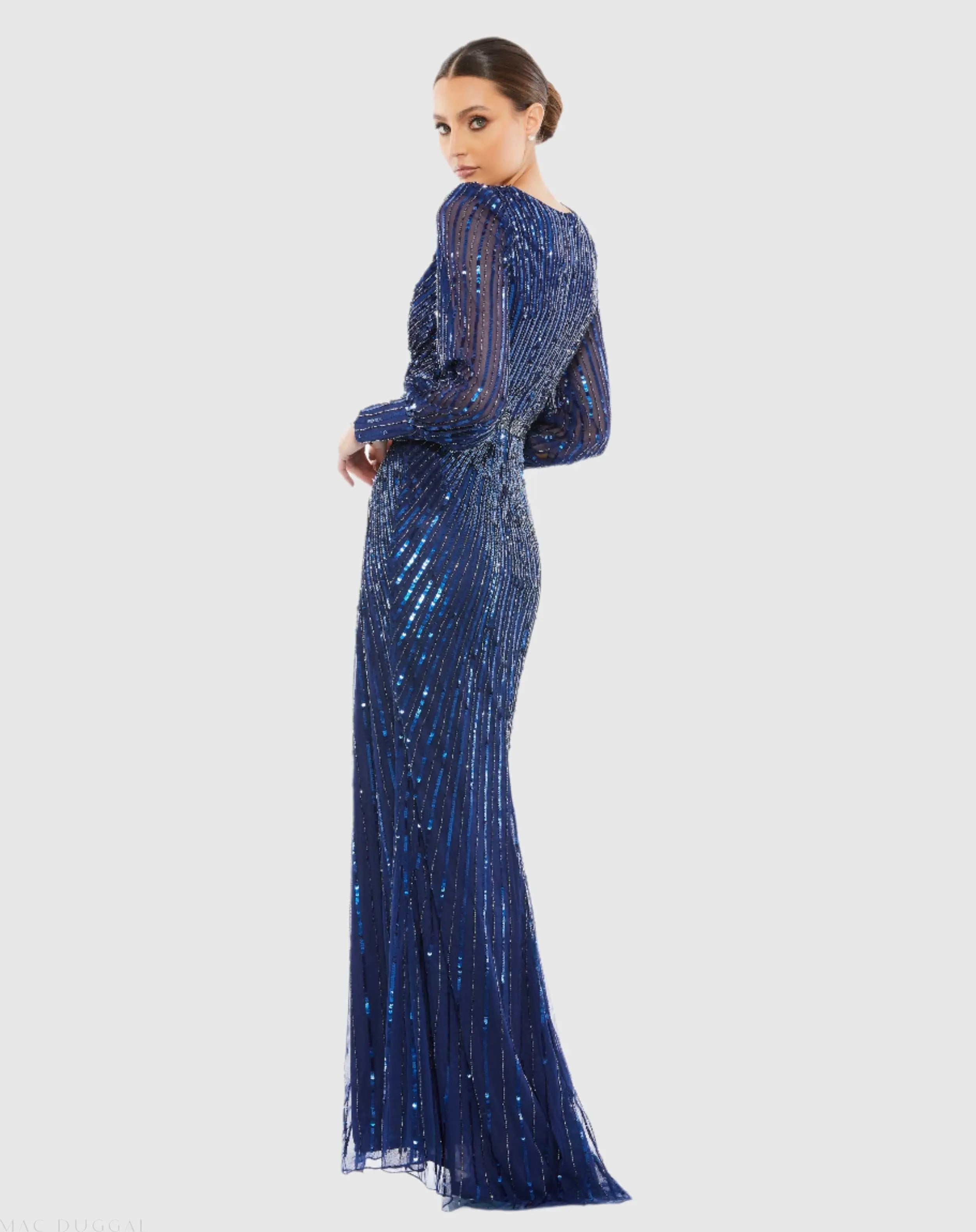 Navy Sequined Wrap Over Bishop Sleeve Gown