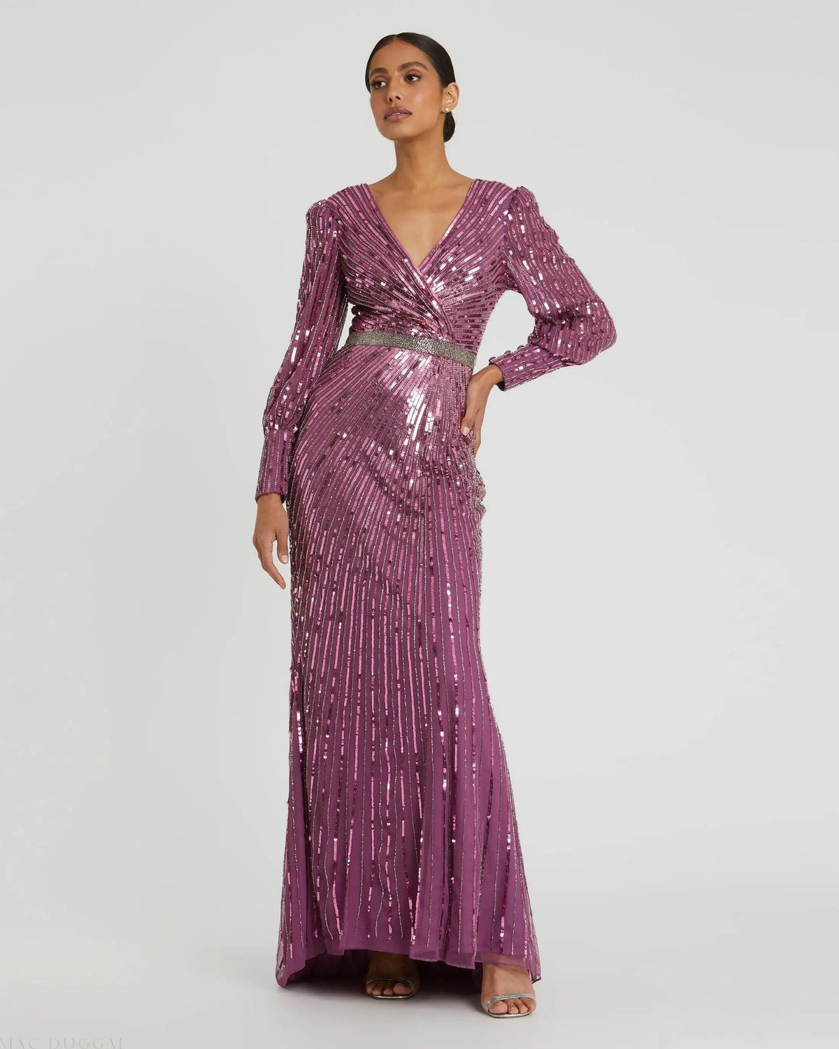 Purple Sequined Wrap Over Bishop Sleeve Gown