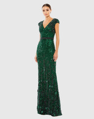 Green Embellished V Neck Cap Sleeve Sequin Gown