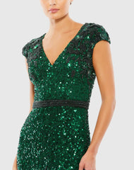 Green Embellished V Neck Cap Sleeve Sequin Gown