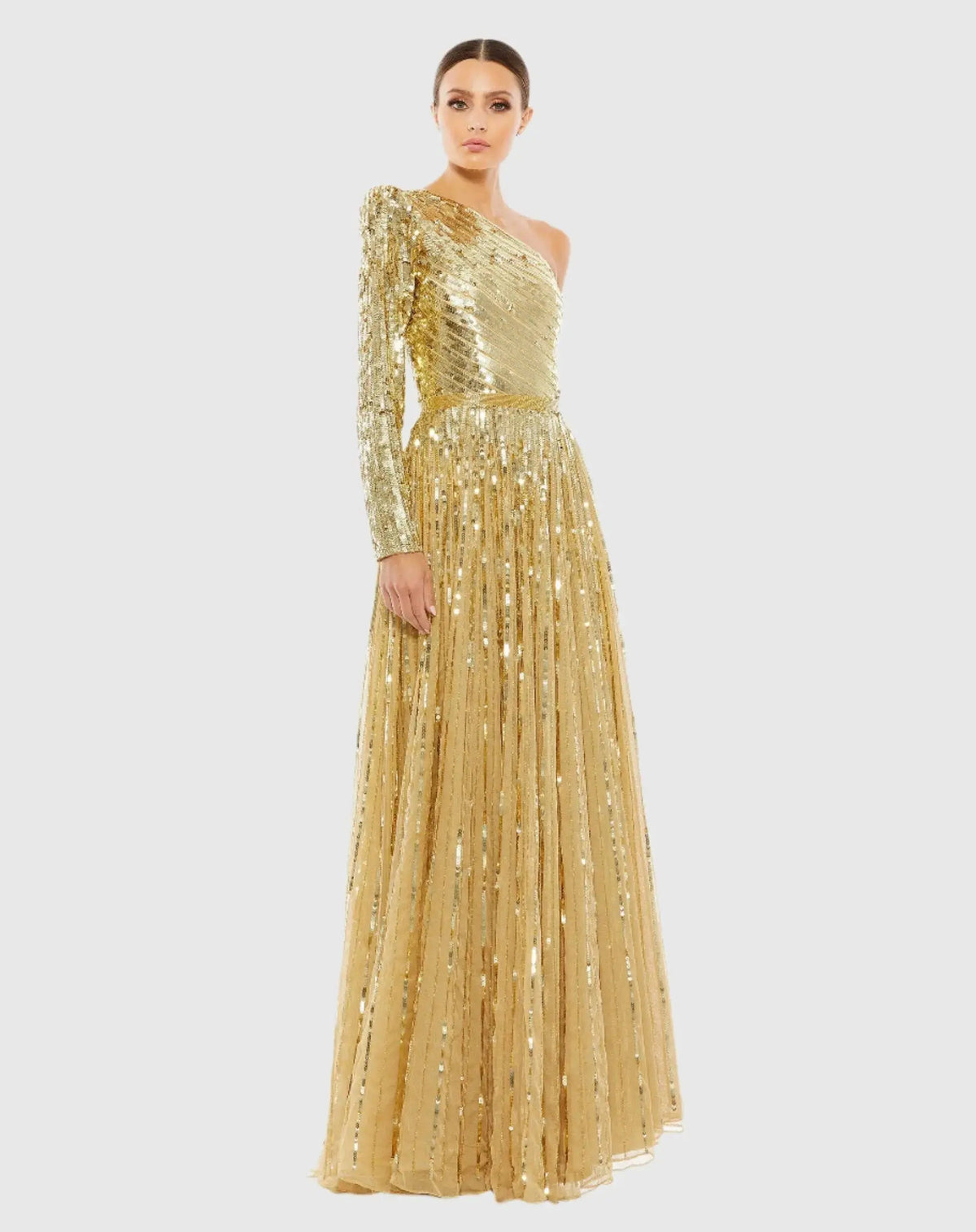Gold Sequined One Shoulder A Line Gown
