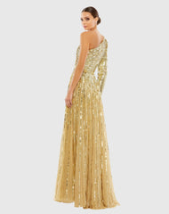 Gold Sequined One Shoulder A Line Gown