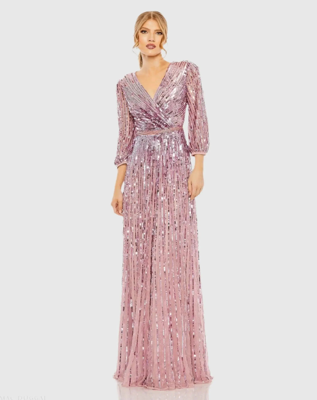 Purple Sequined Wrap Over 3/4 Sleeve Gown