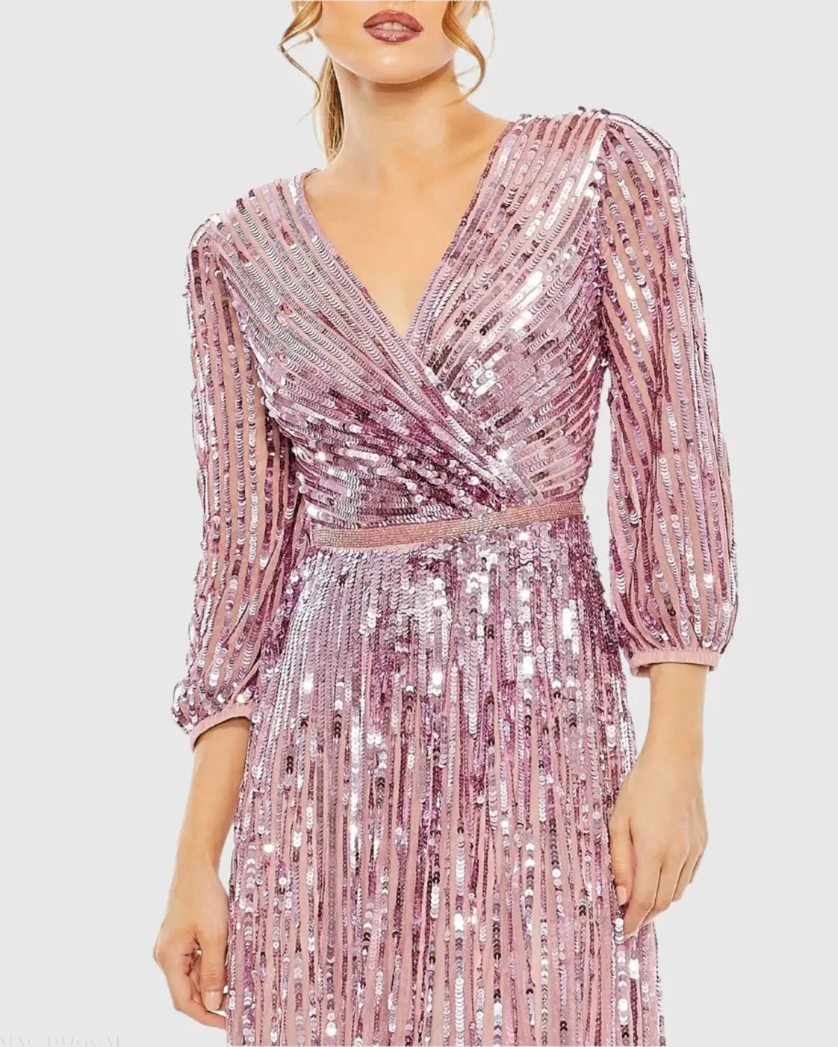 Purple Sequined Wrap Over 3/4 Sleeve Gown