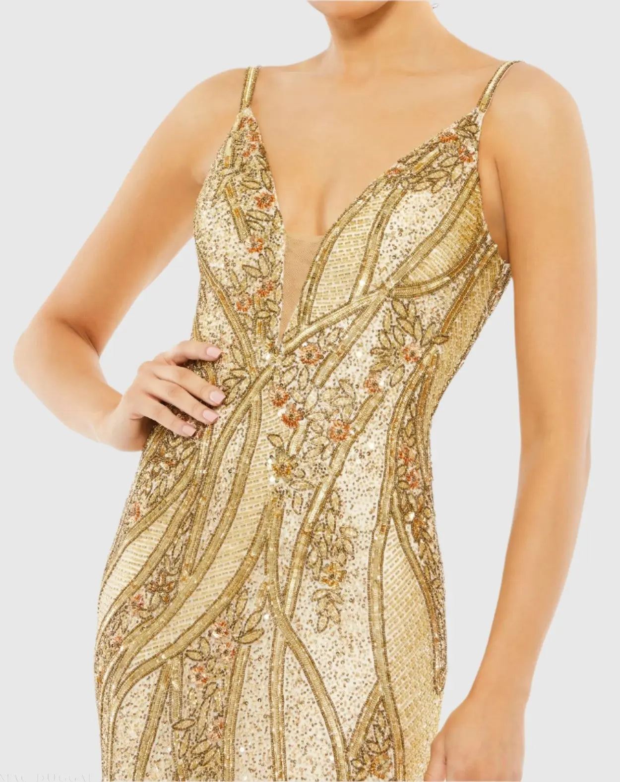 Gold Embellished Sleeveless Plunge Neck Low Back Gown
