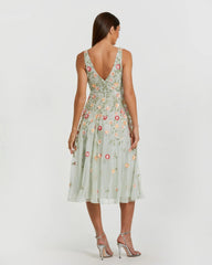 Green V-Neck Sleeveless Midi Floral Beaded A-line Dress