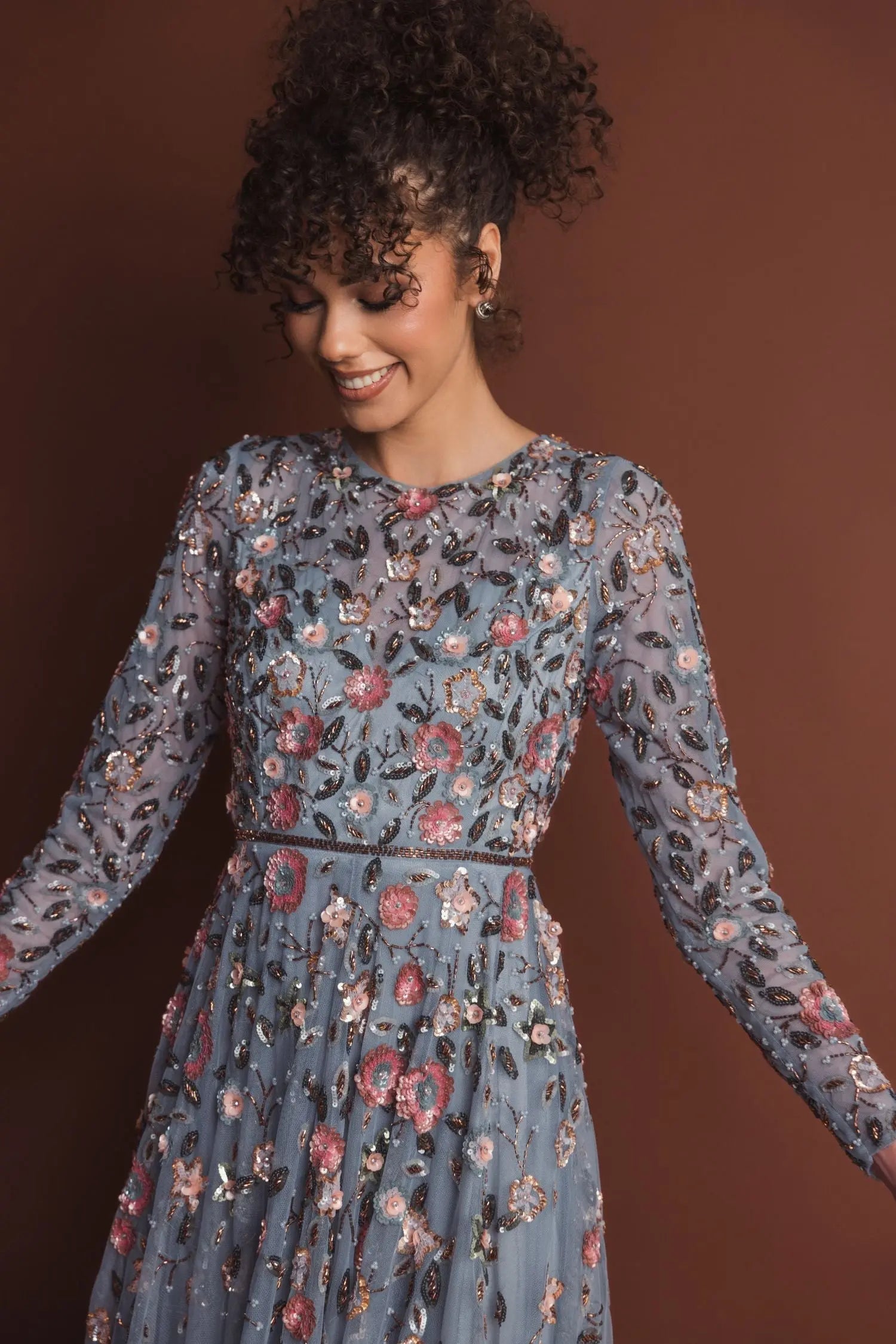 Gray Embellished High Neck Long Sleeve A Line Gown