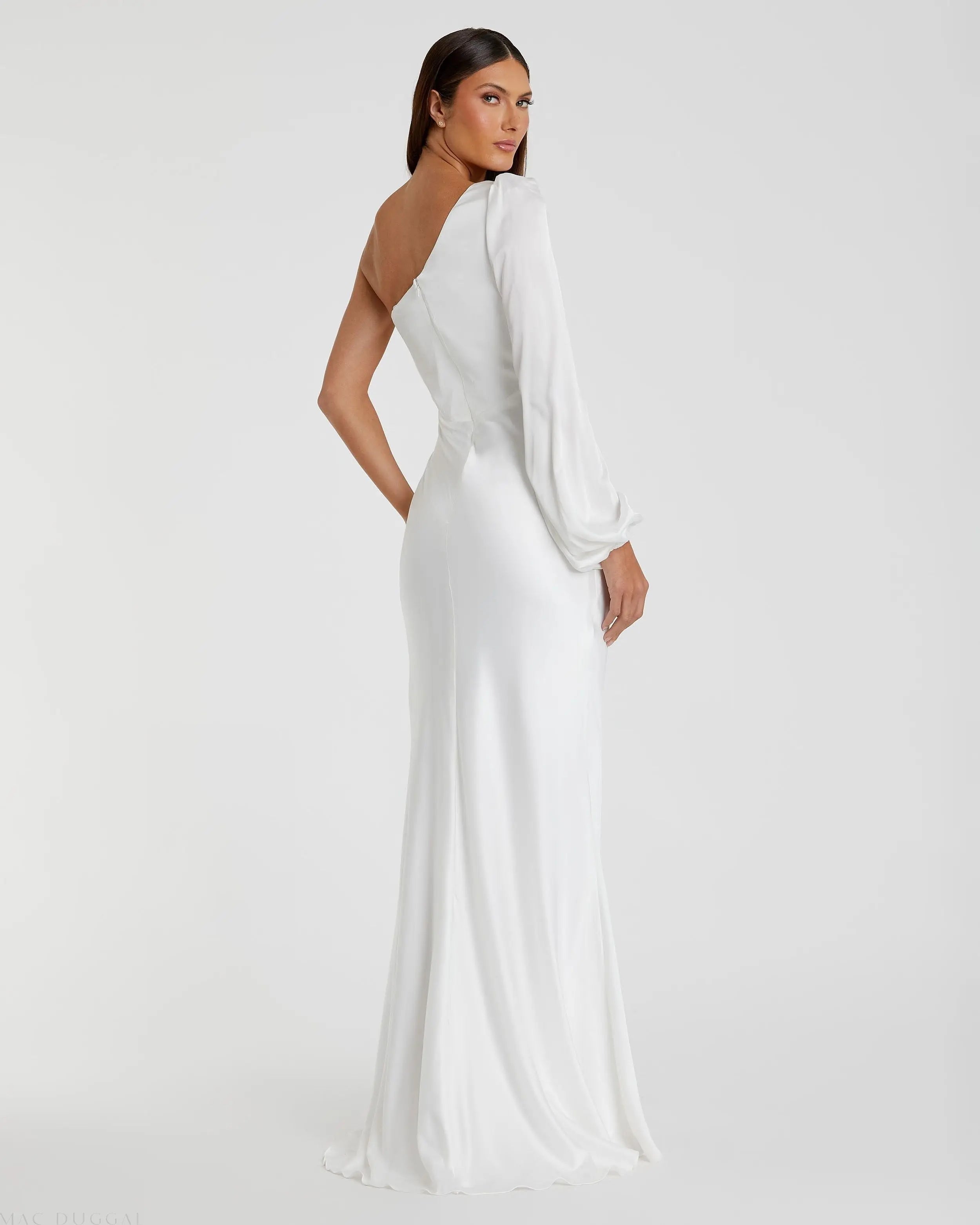 White One Shoulder Blouson Sleeve Gown - FINAL SALE