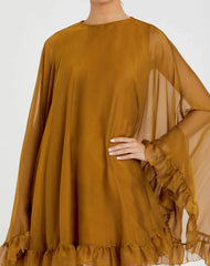 Dark Yellow High Neck Ruffle Hem Cape Mini Dress