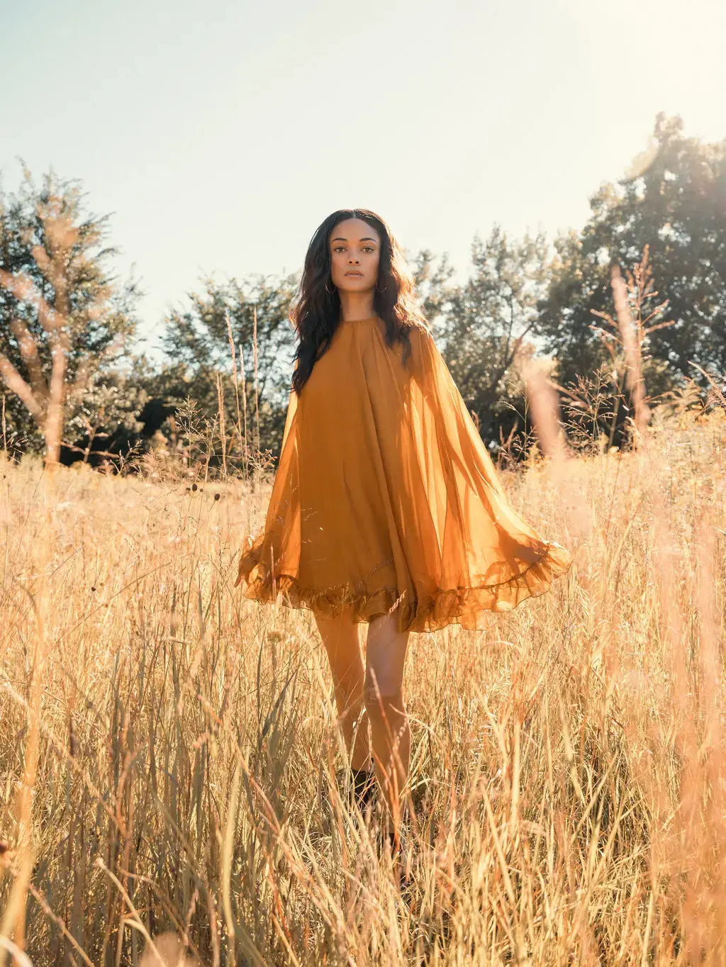 Dark Yellow High Neck Ruffle Hem Cape Mini Dress