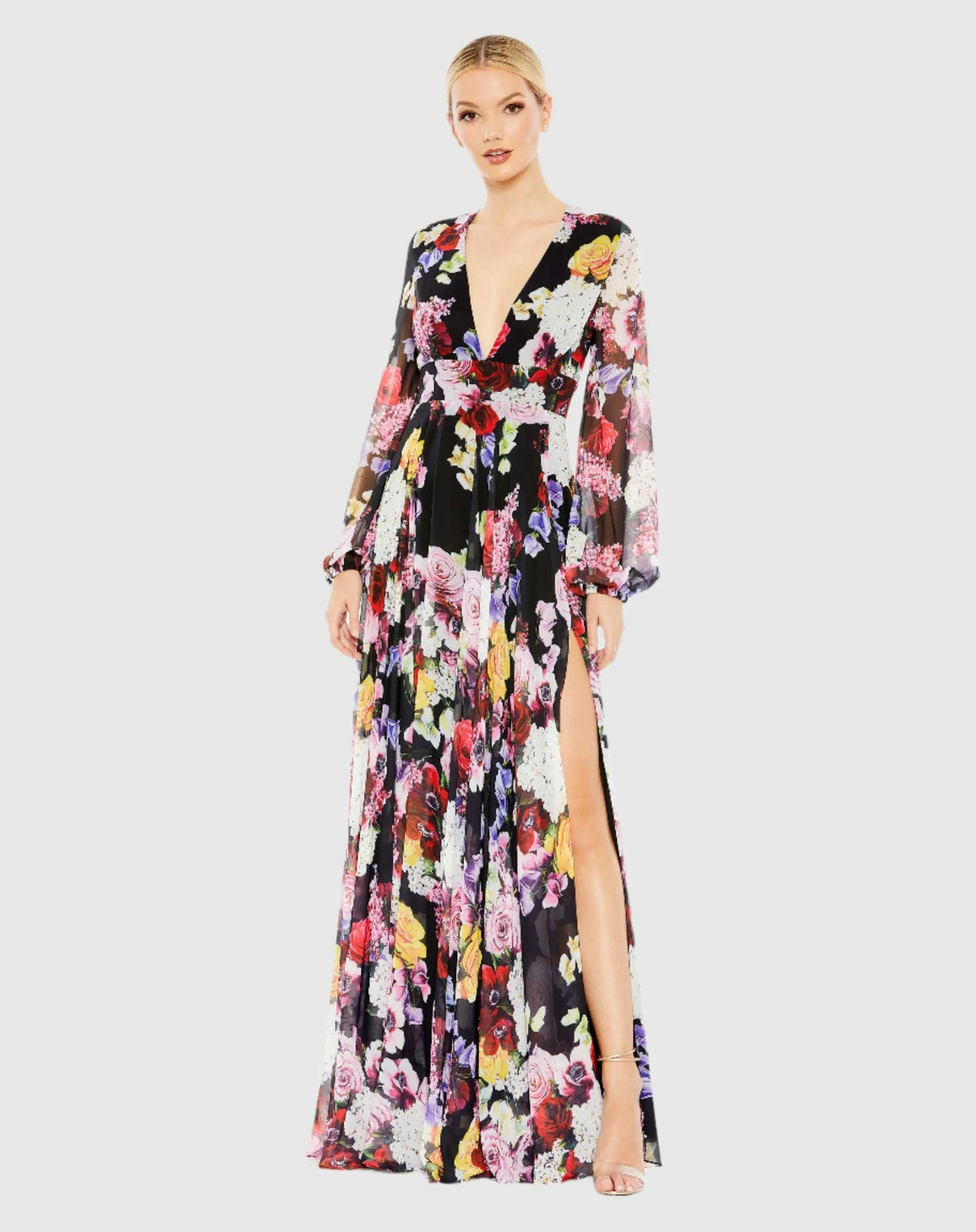 Black Floral Print Illusion Long Sleeve V Neck Gown