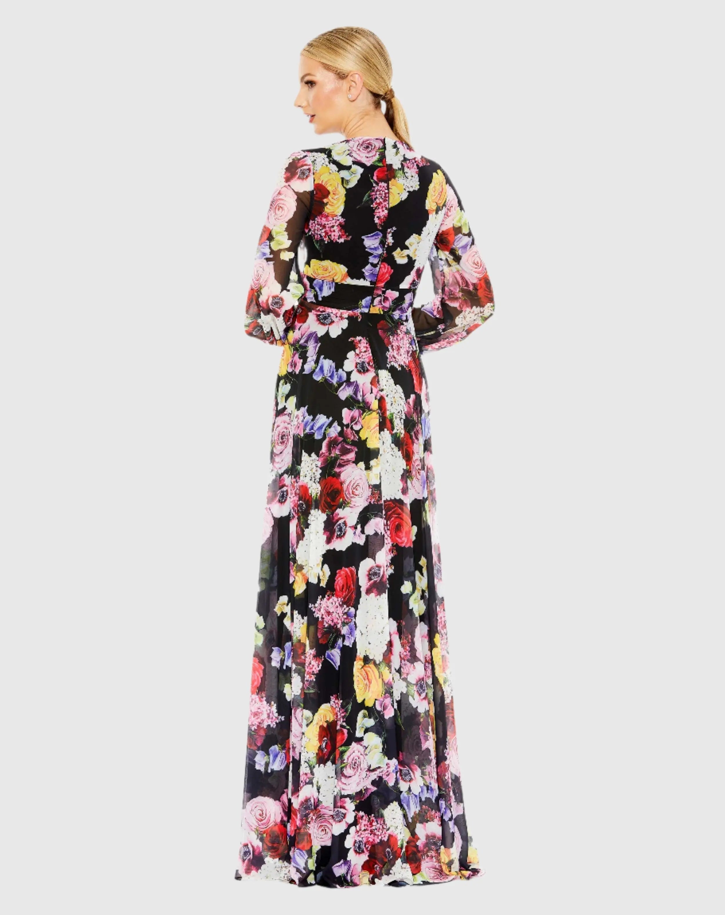 Black Floral Print Illusion Long Sleeve V Neck Gown