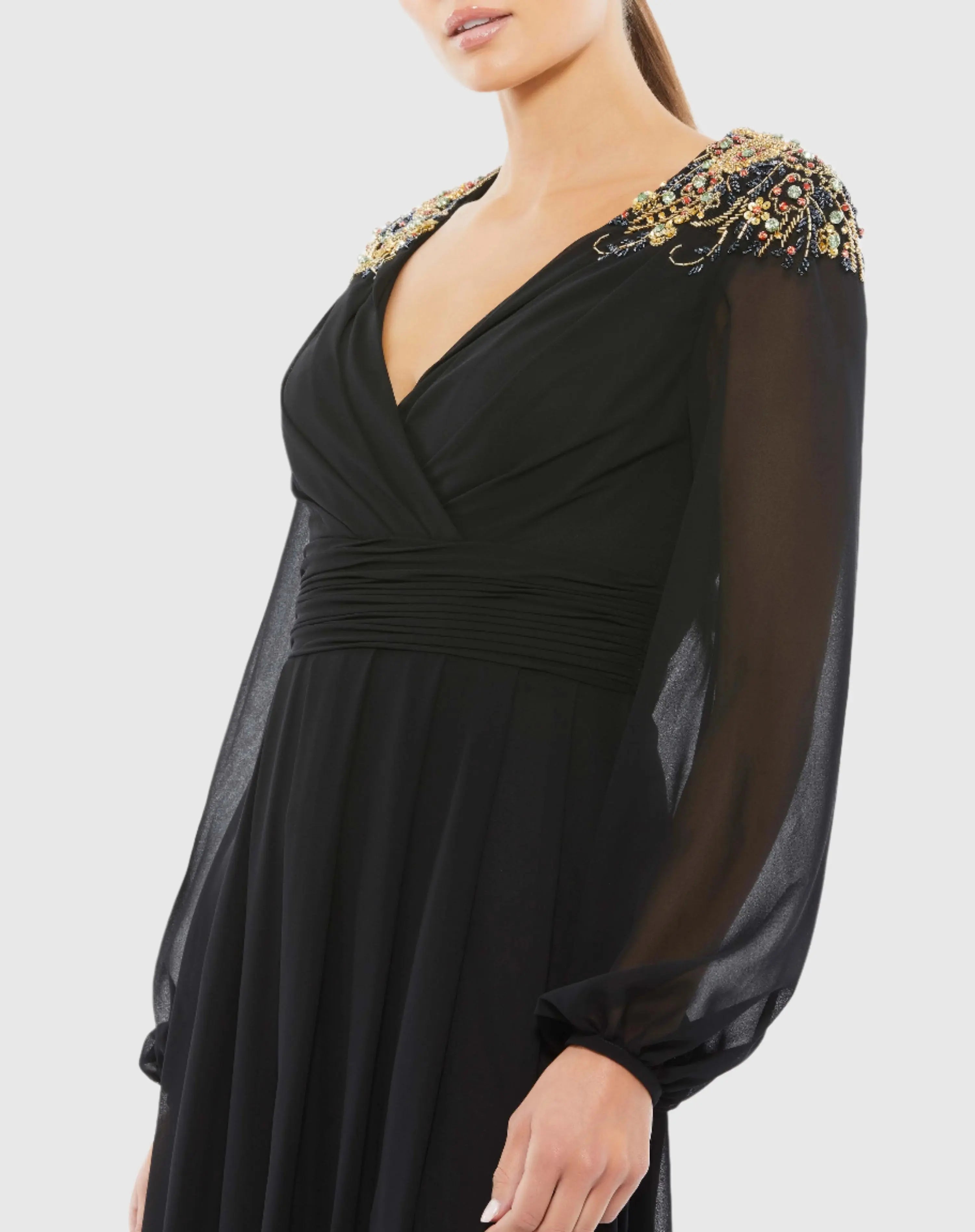 Black Embellished Shoulder Blouson Sleeve Evening Gown