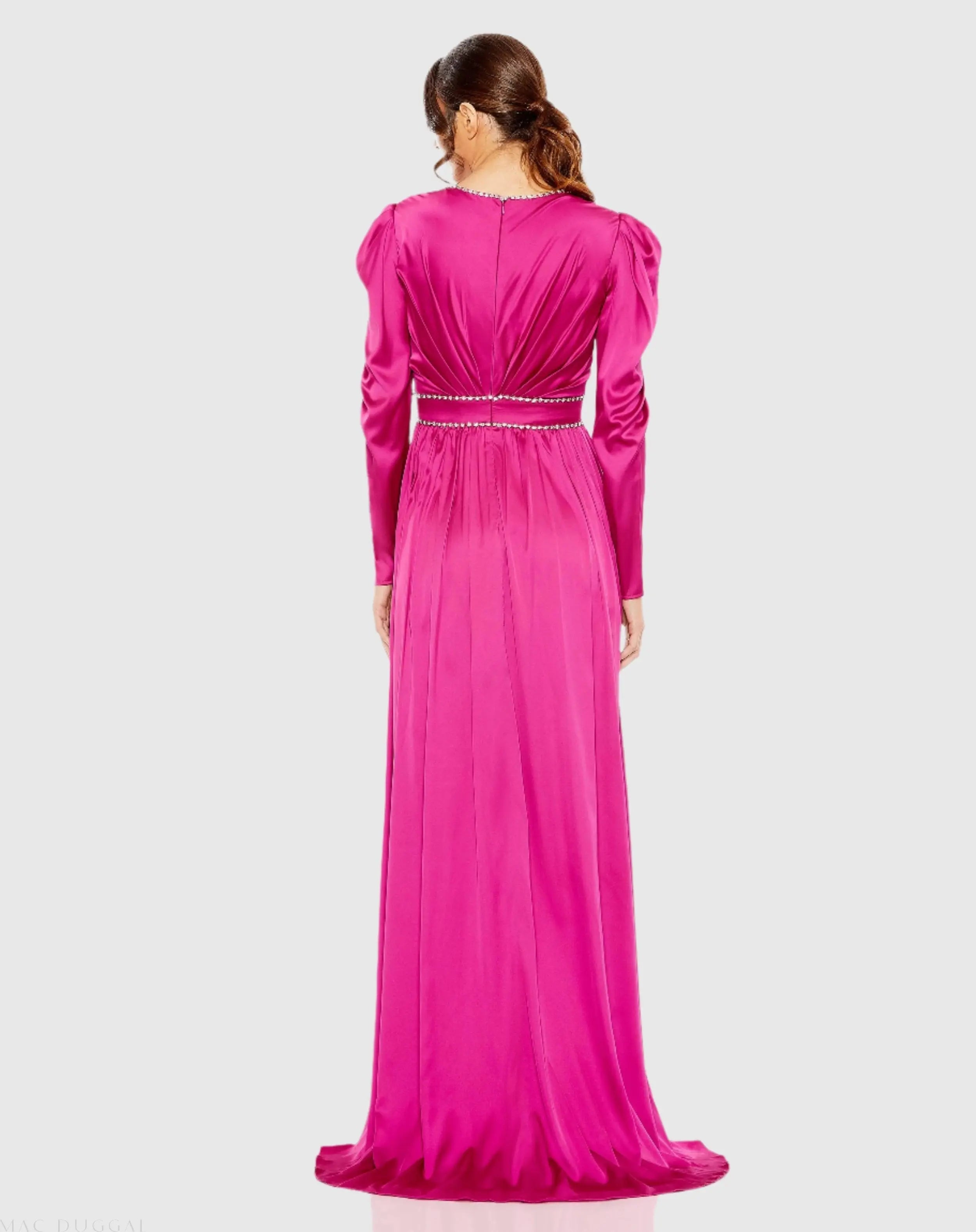 Pink Rhinestone Trim Puff Sleeve Gathered Gown