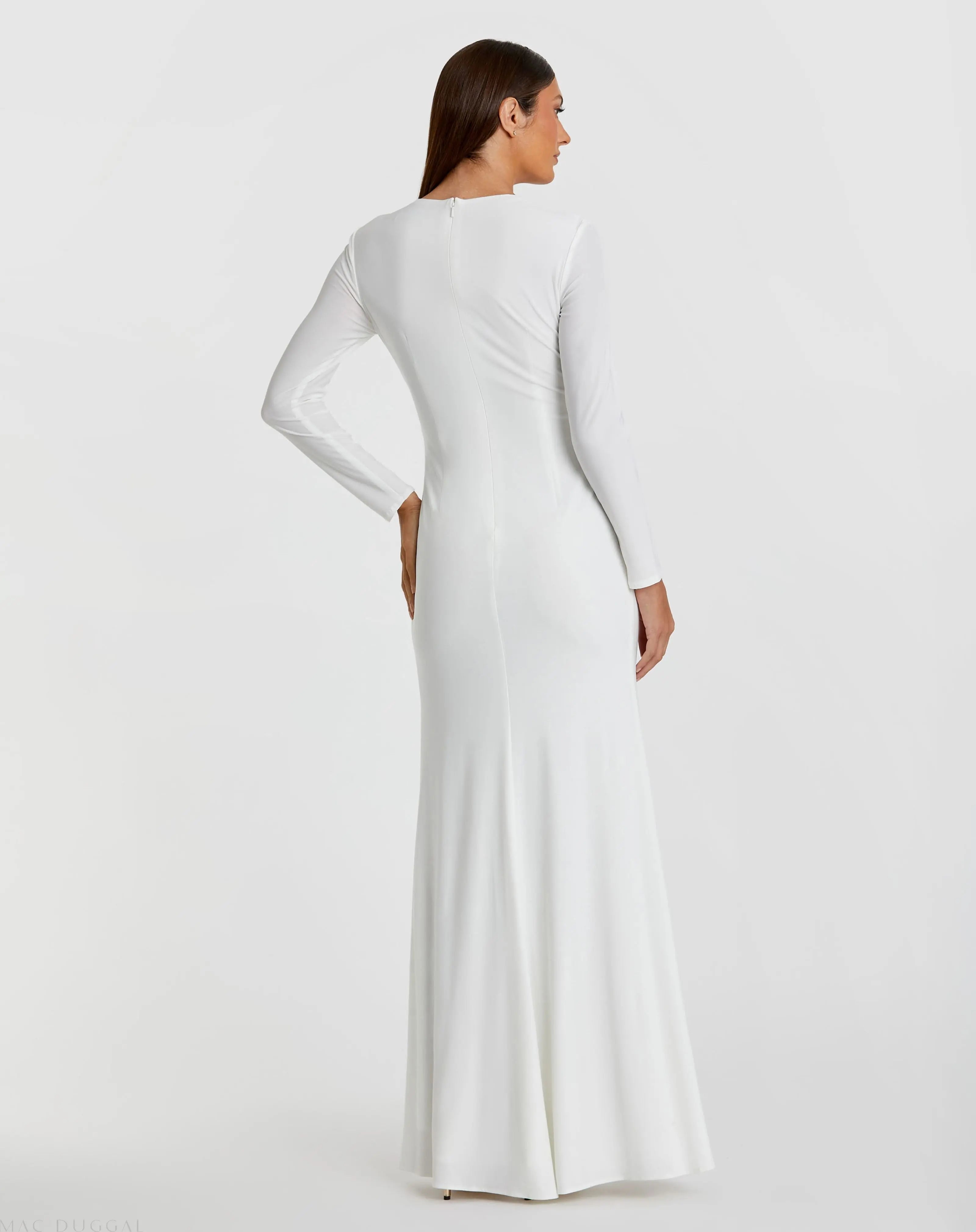 White Long Sleeve Keyhole Draped Gown