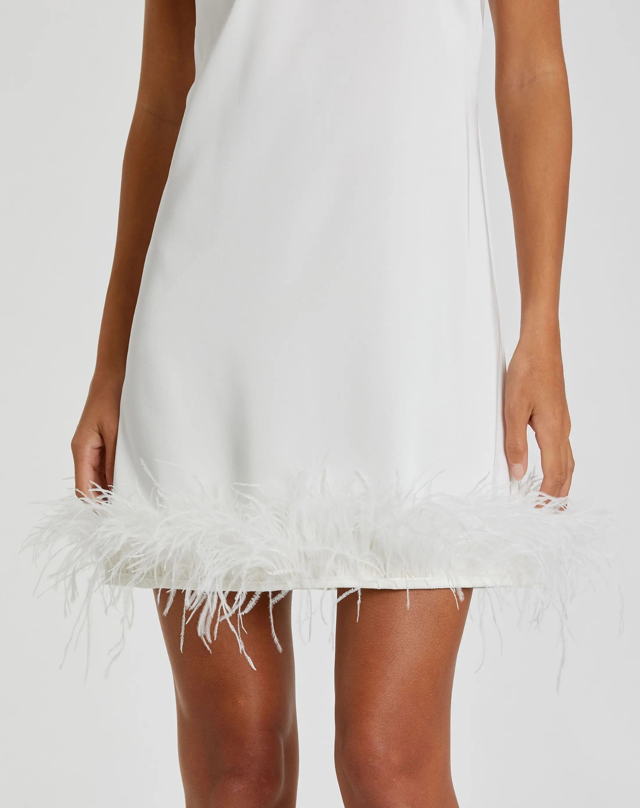 White Feathered Hem High Neck Sleeveless Trapeze Dress