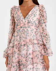 Pink Puff Sleeve Floral Printed Dress