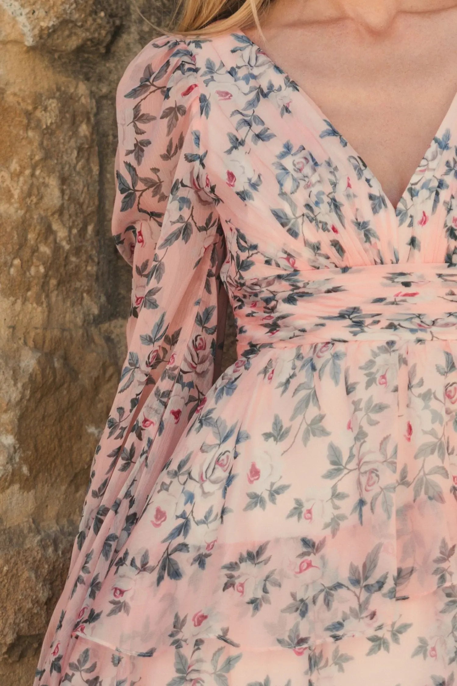 Pink Puff Sleeve Floral Printed Dress