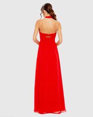 Red Ruched Halter Strap Keyhole Chiffon Gown