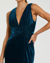 Blue Velvet Pleated Sleeveless Plunge Neckline Gown