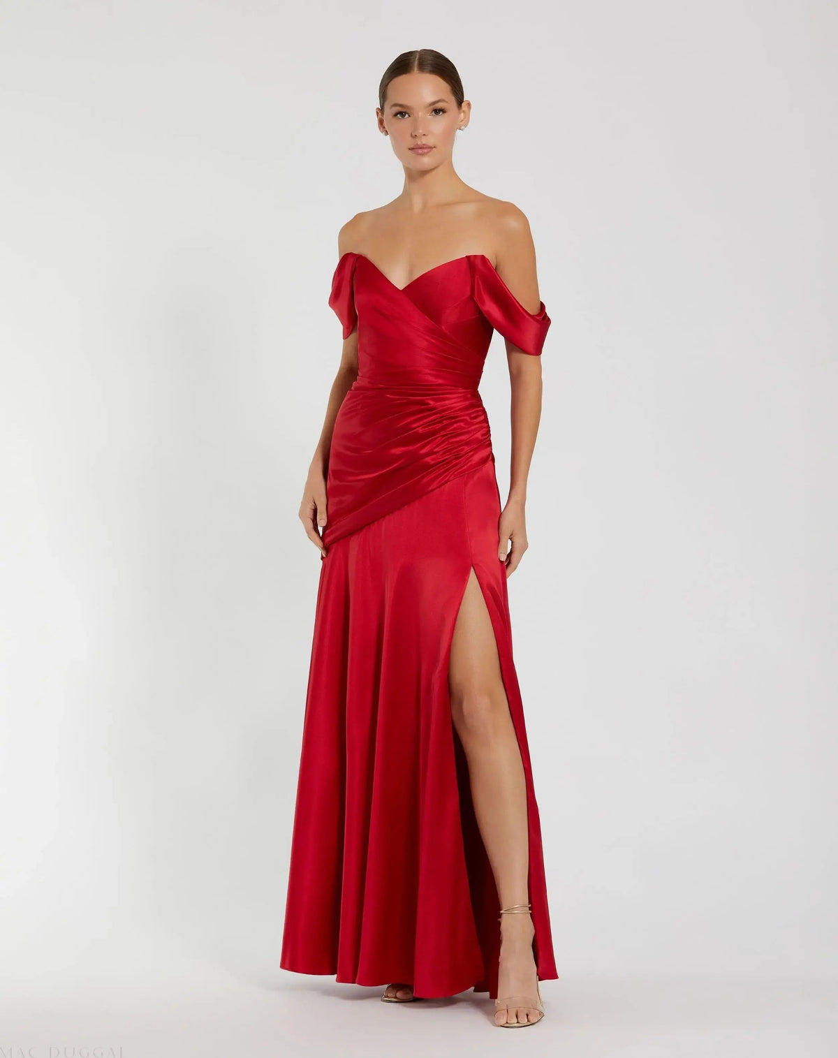 Red Satin Off The Shoulder Crossover Gown