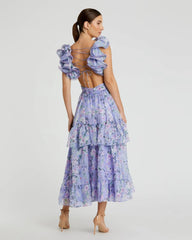 Purple Ruffle Tiered Floral Chiffon Midi Dress