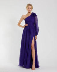 Purple One Sleeve Ruched Chiffon Gown With 3D Flower
