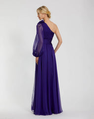 Purple One Sleeve Ruched Chiffon Gown With 3D Flower
