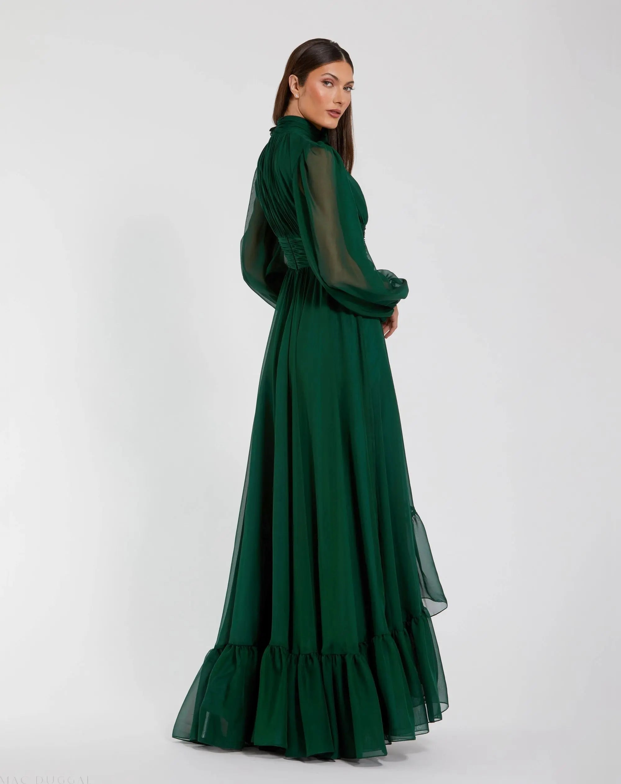 Green High Low Long Sleeve Chiffon Gown With 3D Flower
