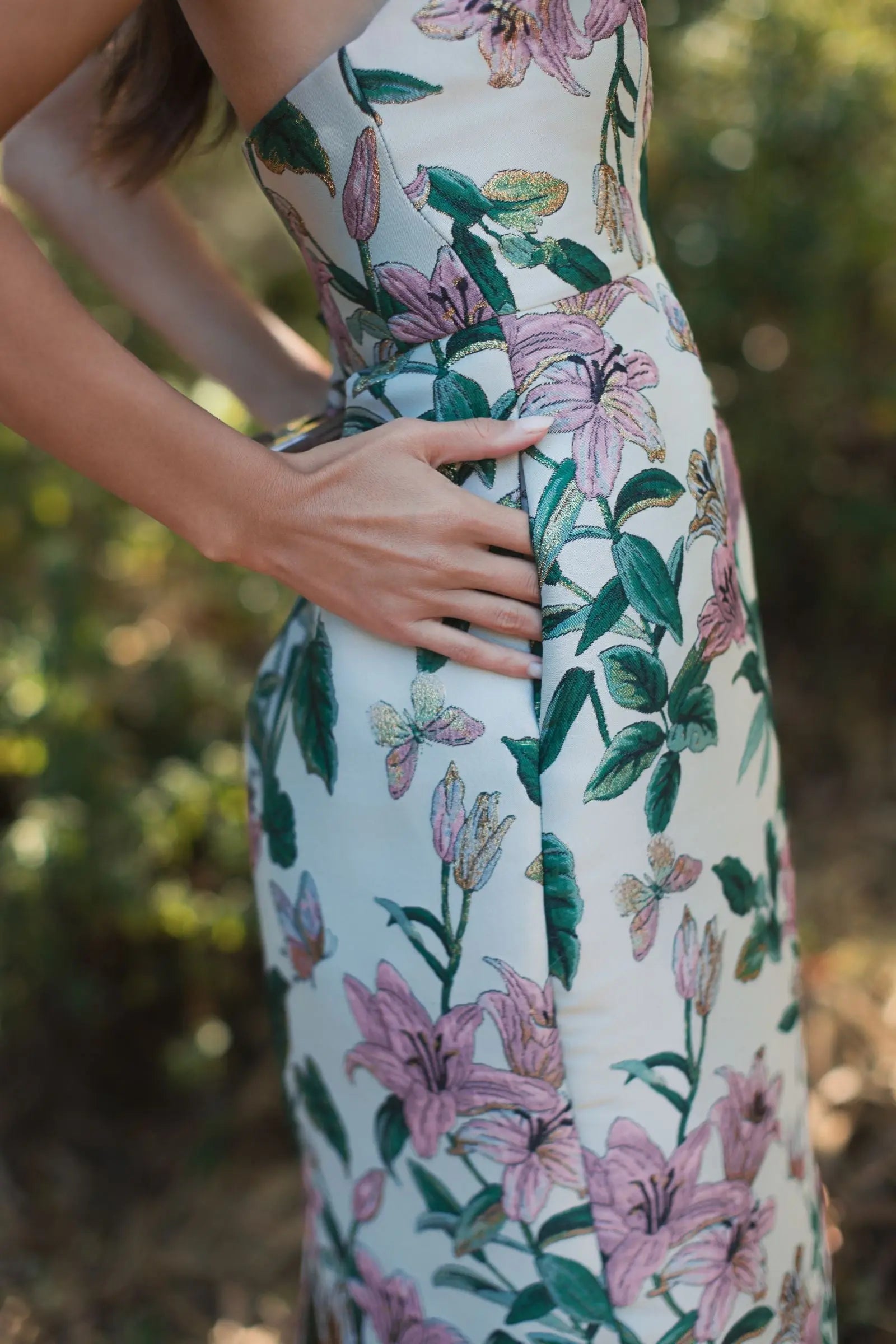 Multicolor Floral Brocade Strapless Fitted Midi Dress