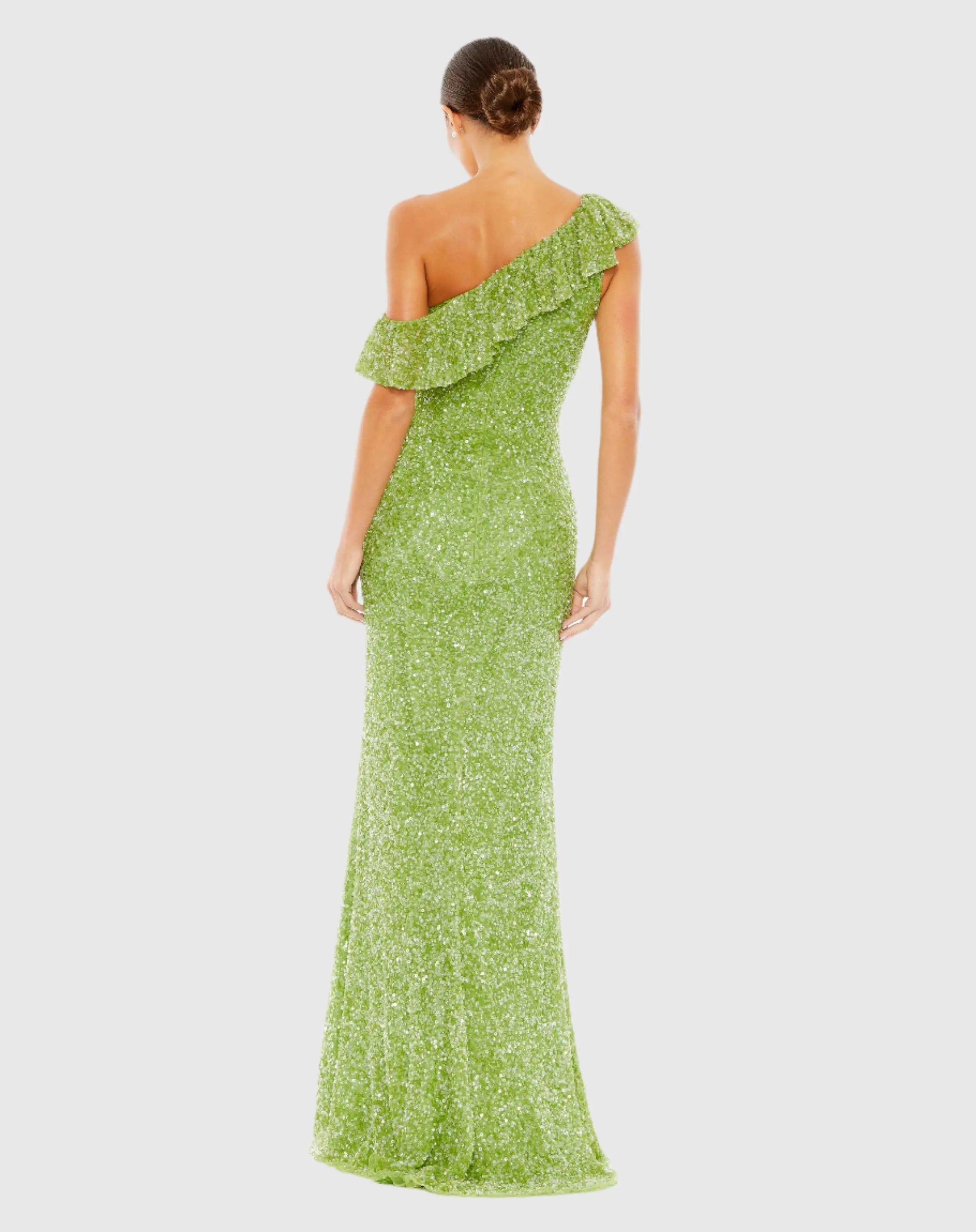 Green Sequined Drop Shoulder Trumpet Gown