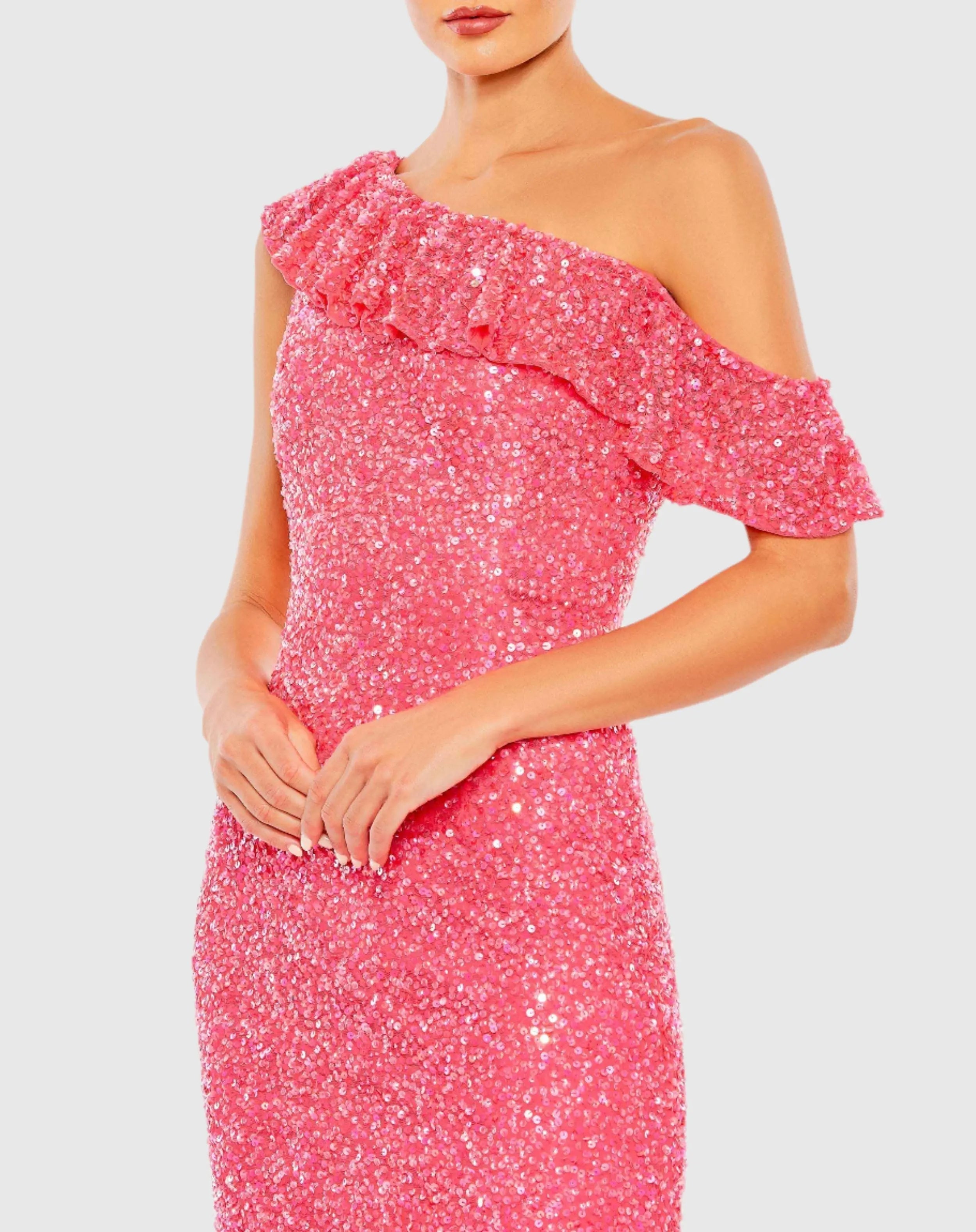 Pink Sequined Drop Shoulder Trumpet Gown