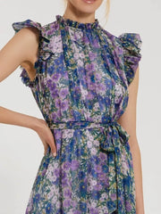 Purple Printed Chiffon Ruffle Sleeve Gown With Bow Belt