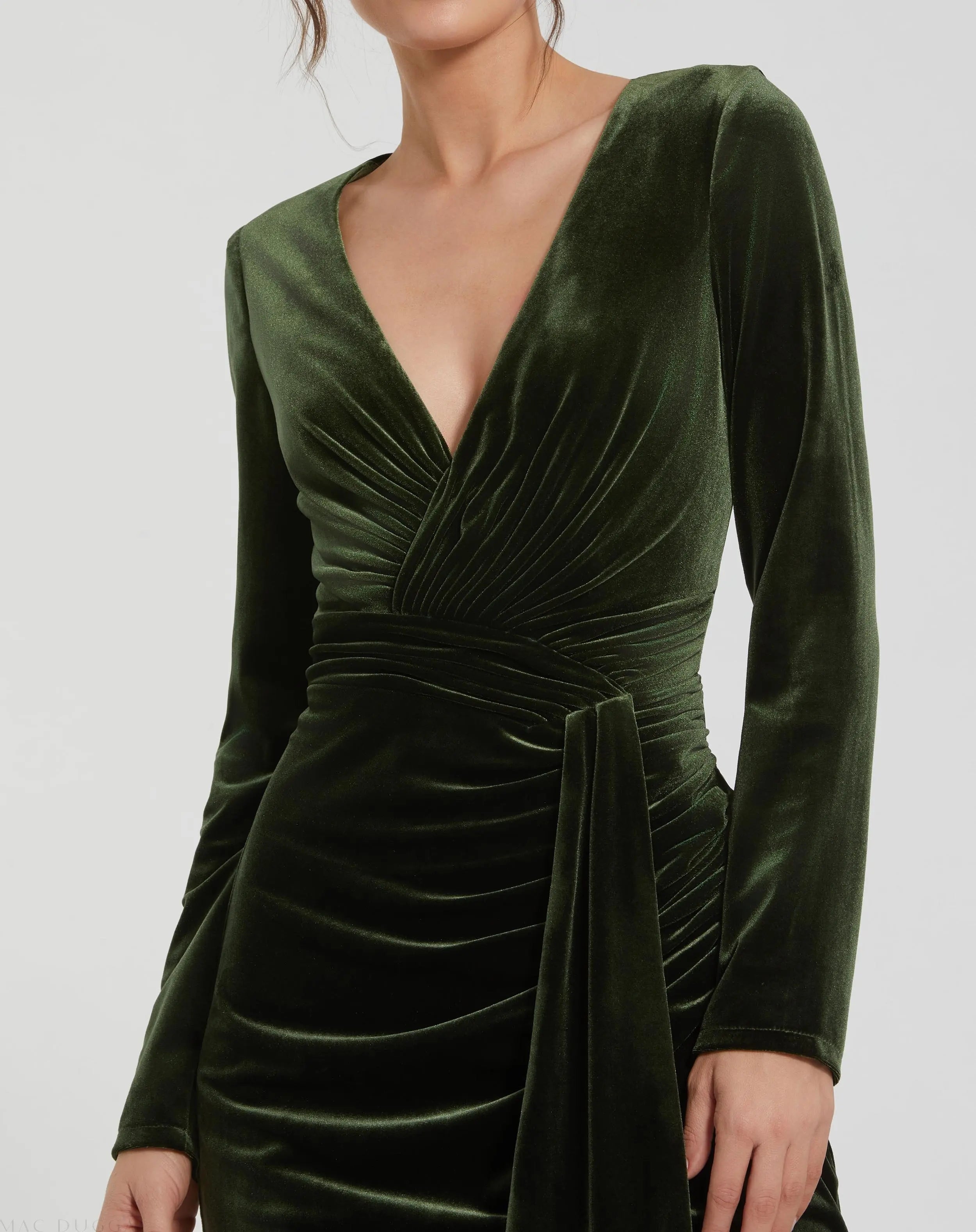 Green Ruched Velvet Column Evening Gown