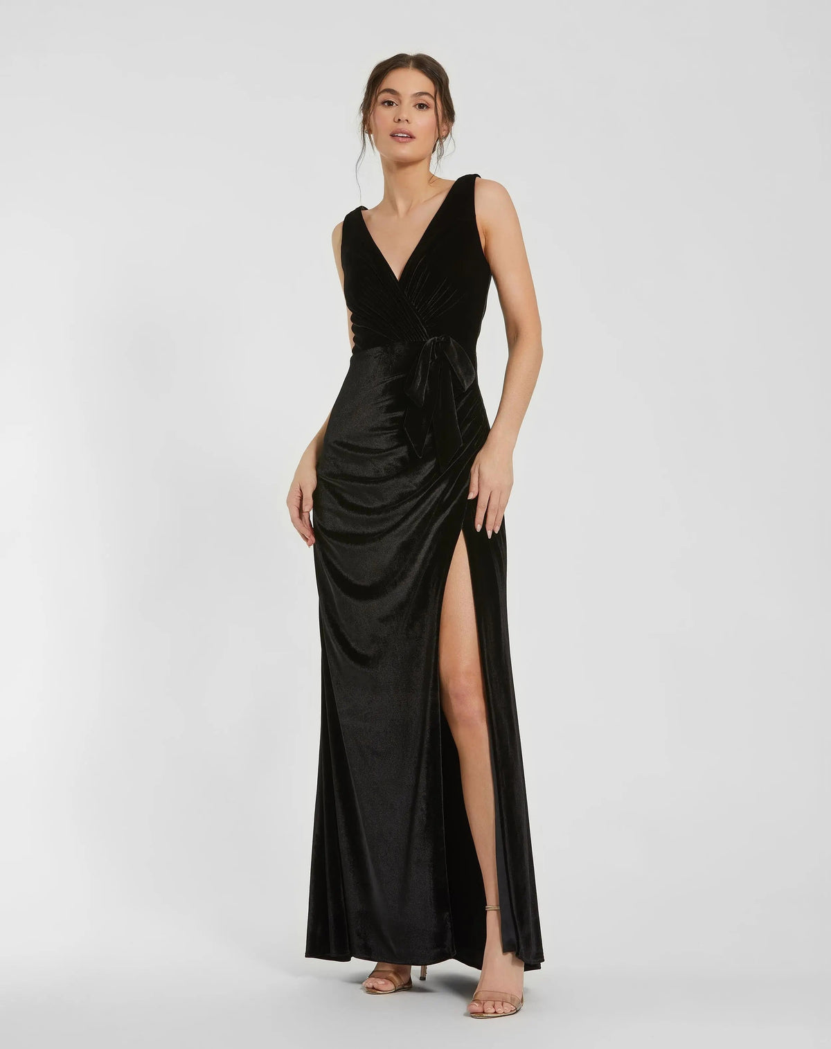 Black Deep V High Slit Draped Velvet Fitted Gown