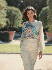 Beige High Neck Long Sleeve Sequin Gown