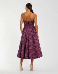 Purple Strapless Floral Brocade A-line Midi Dress