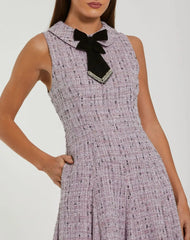 Purple Sleeveless Boucle A-Line Midi Dress With Bow