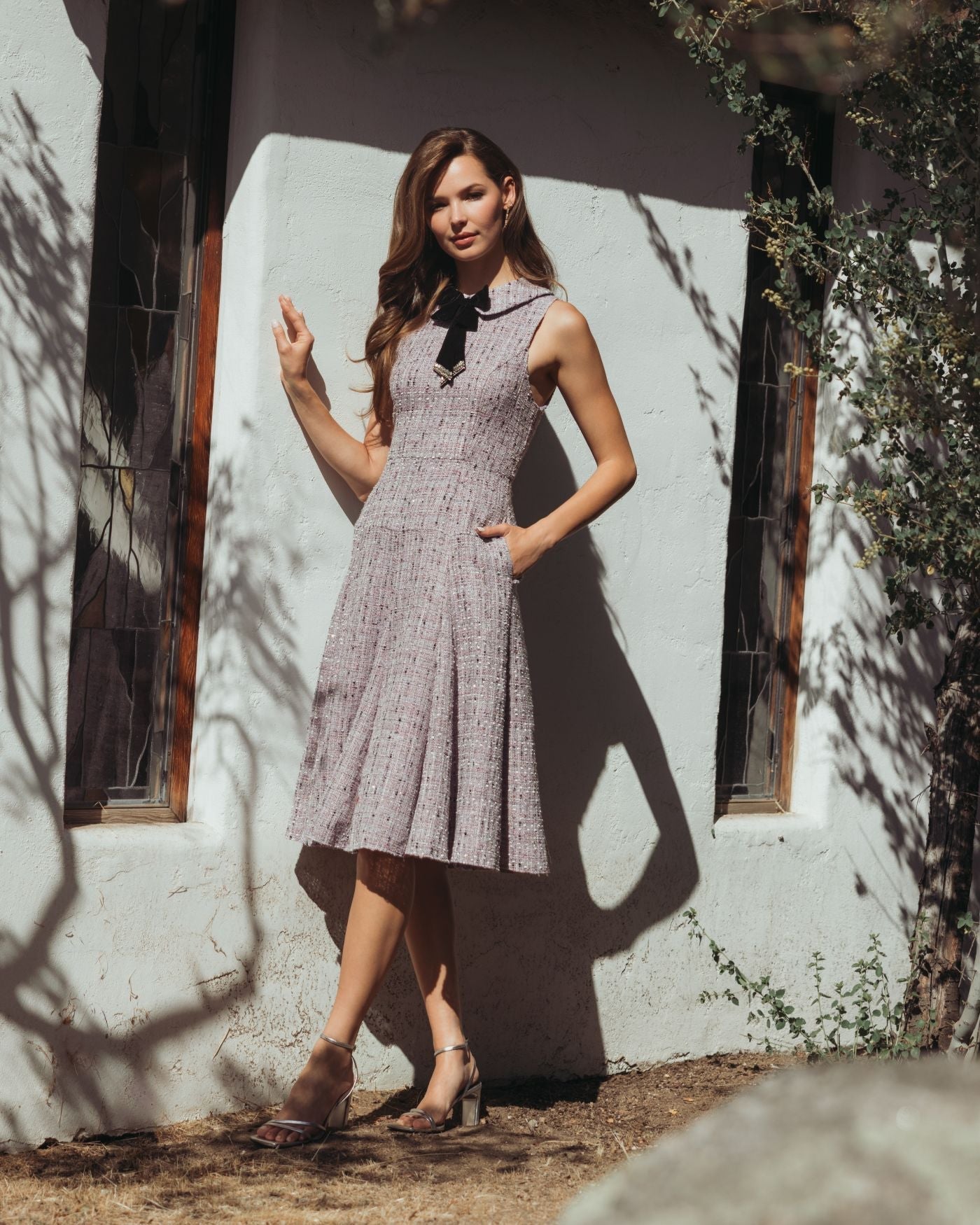 Purple Sleeveless Boucle A-Line Midi Dress With Bow