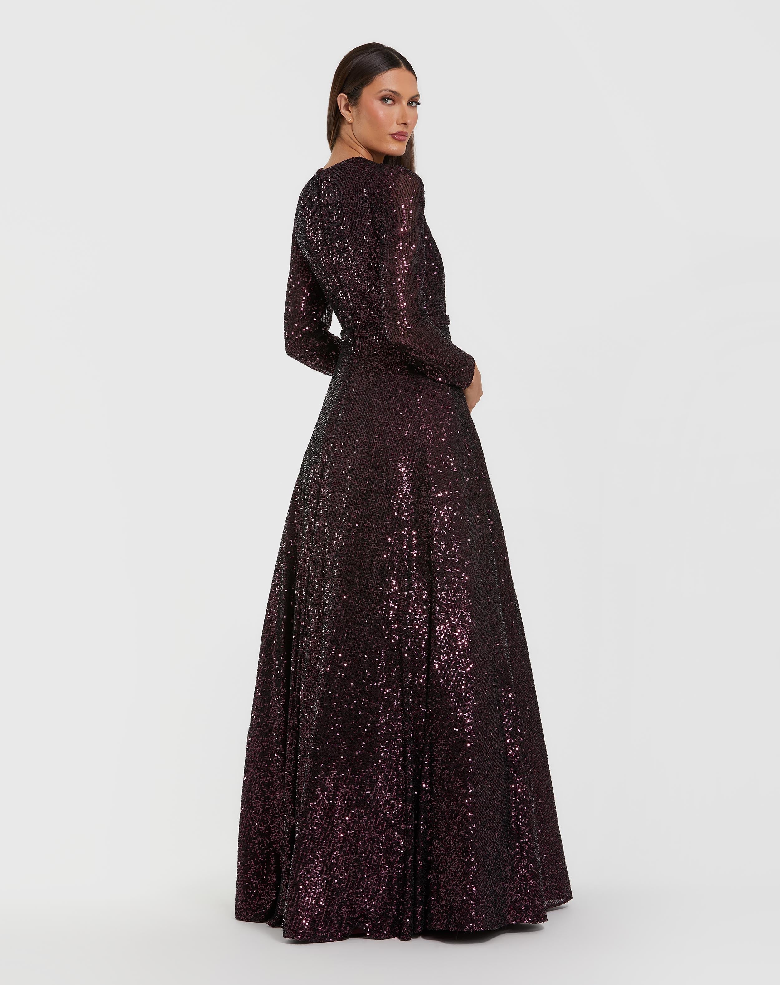 Dark Purple Long Sleeve Sequin Ball Gown With 3D Flower