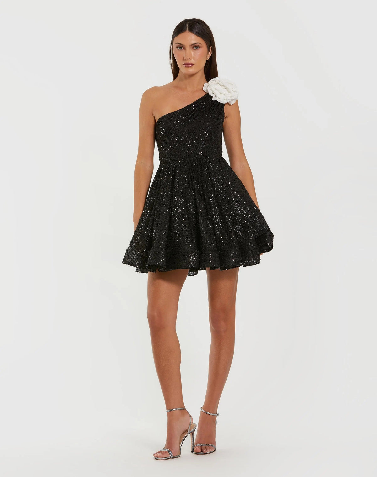 Black One Shoulder Sequin Mini Dress With 3D Flower