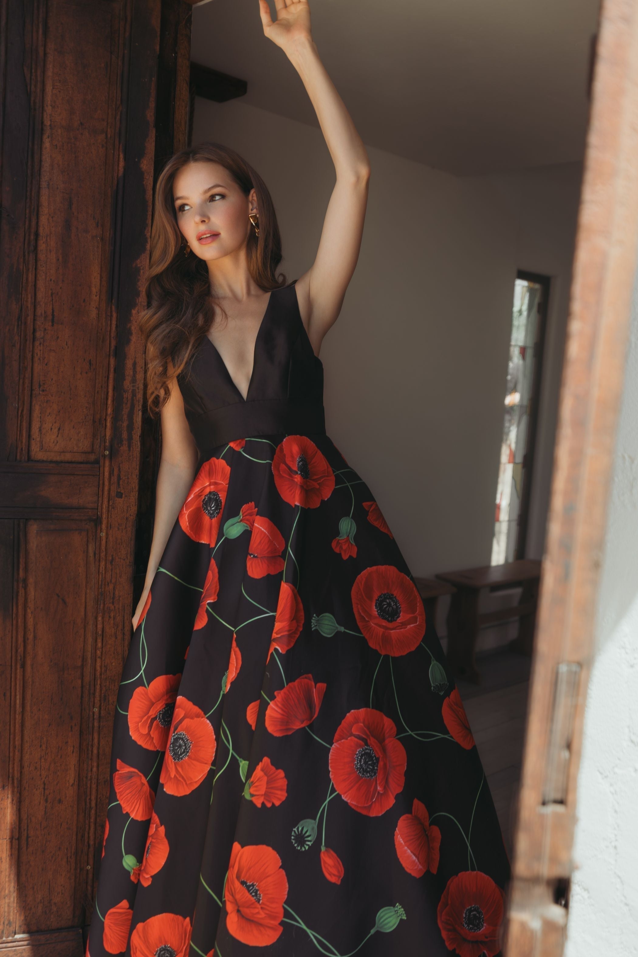 Black Plunge Neck Ball Gown With Floral Mikado Skirt