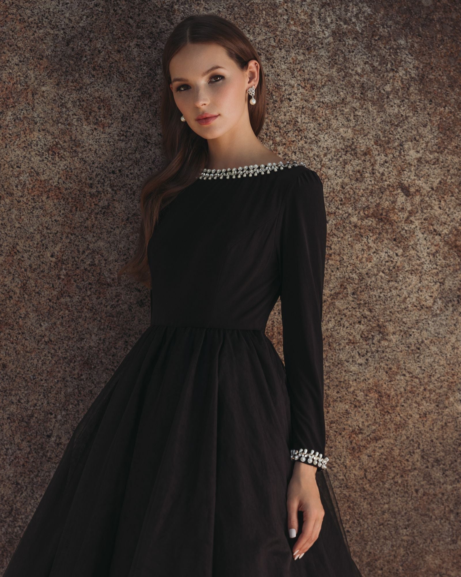 Black Embellished Jersey Long Sleeve Ballgown With Tulle Skirt