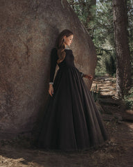 Black Embellished Jersey Long Sleeve Ballgown With Tulle Skirt